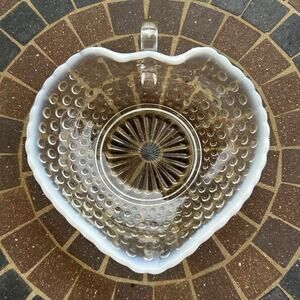 Vtg Anchor Hocking Glass Moonstone White Handled Heart Shaped Candy Dish